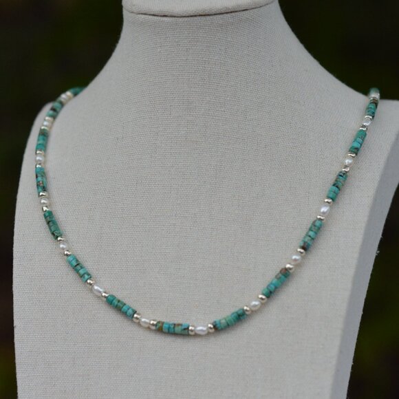 Turquoise & Freshwater Pearl Necklace: Unisex Minimalist Jewelry 19" - Picture 3 of 3